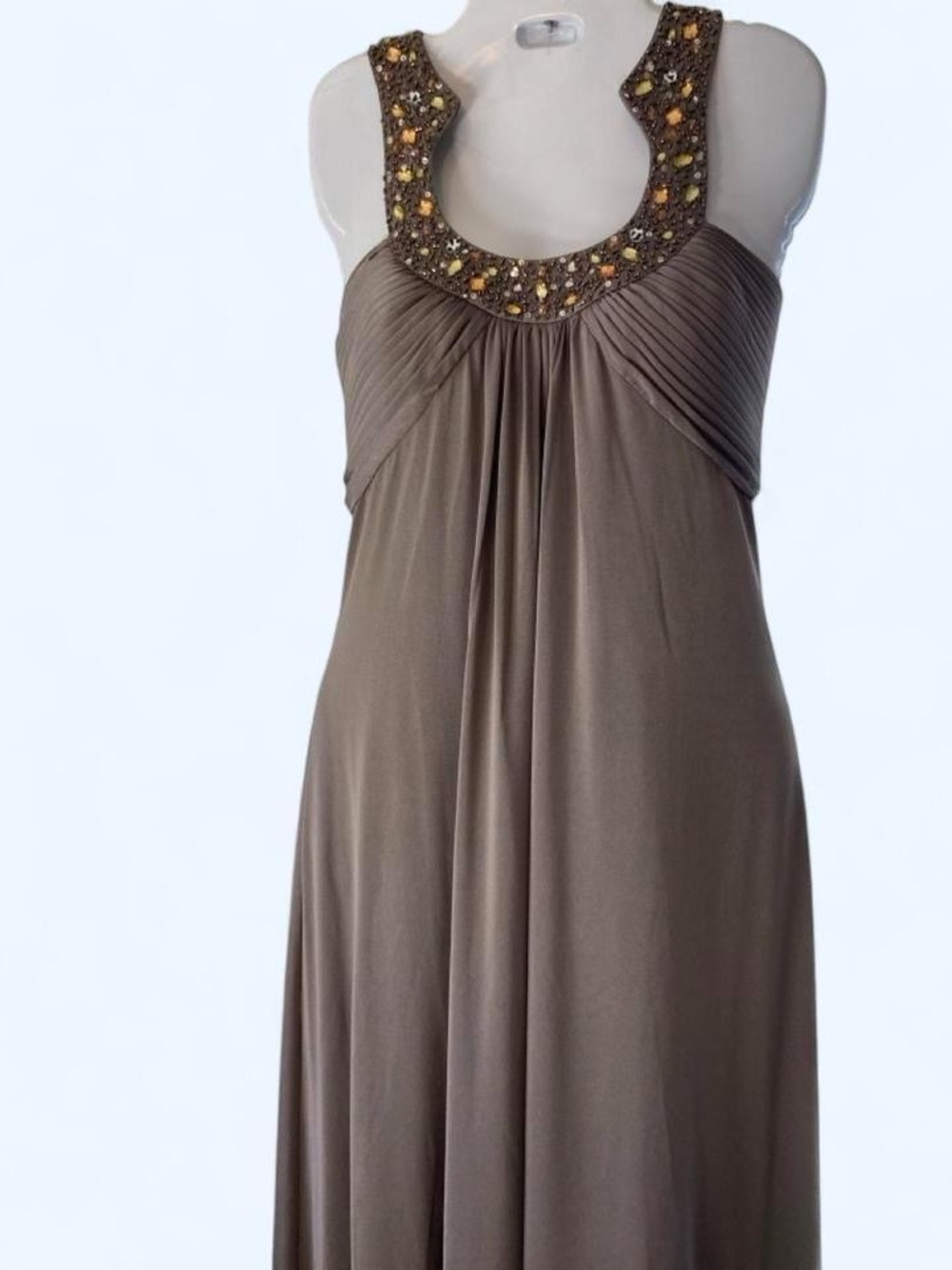 JS Boutique Brown maxi dress with beaded neckline and ruched bodice 10